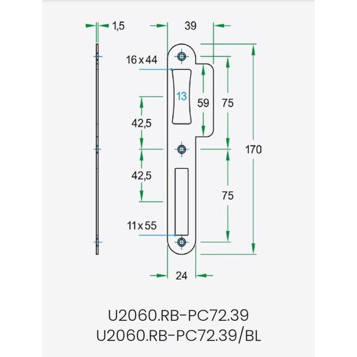 Artitec Artitec afgeronde sluitplaat 170x24 mm voor projectsloten - Zwart