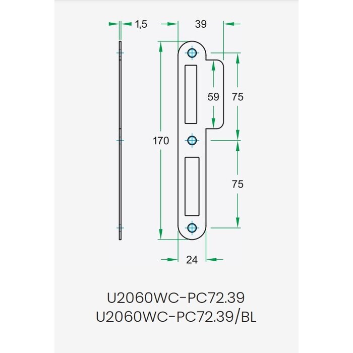 Artitec Artitec afgeronde sluitplaat 170x24 mm voor projectsloten - Zwart
