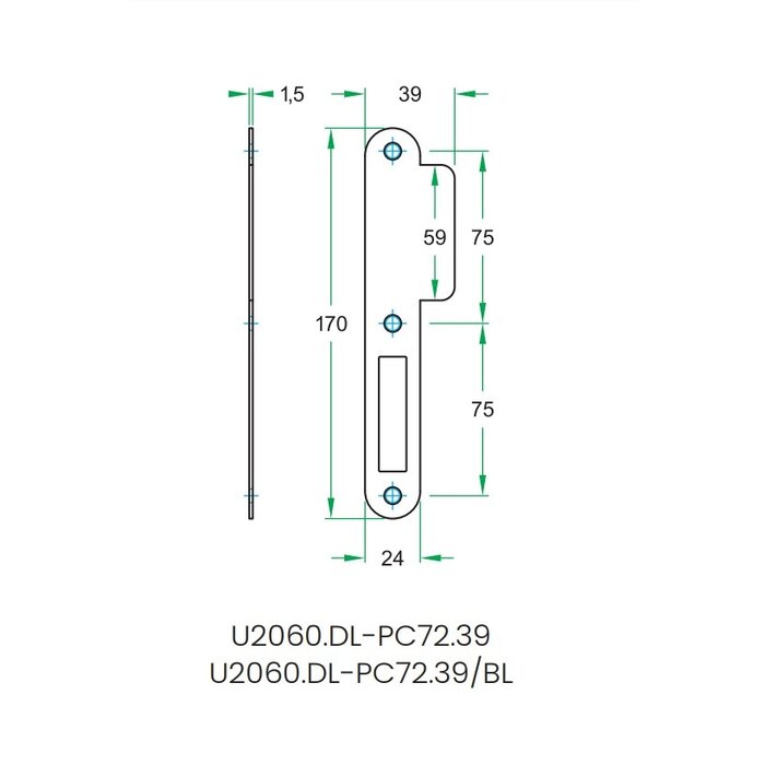 Artitec Artitec afgeronde sluitplaat 170x24 mm voor projectsloten - Zwart