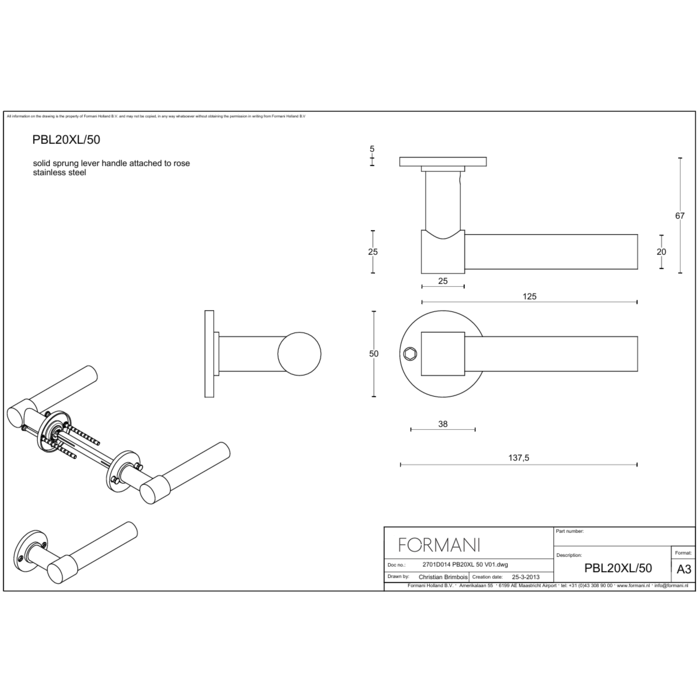 Formani EIN massiver Türgriff PBL20XL/50 BR, gefedert auf Bronzerosette
