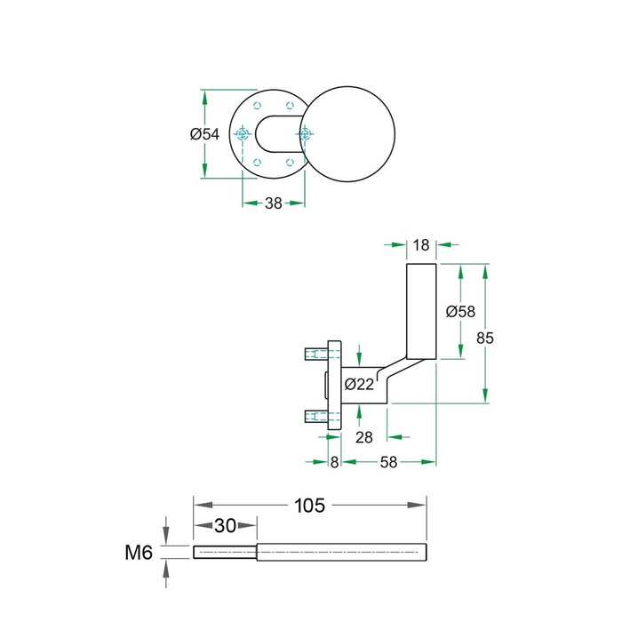 Artitec Bouton de porte fixe plat noir Ø 50 mm à cames et axe interchangeable - Incliné