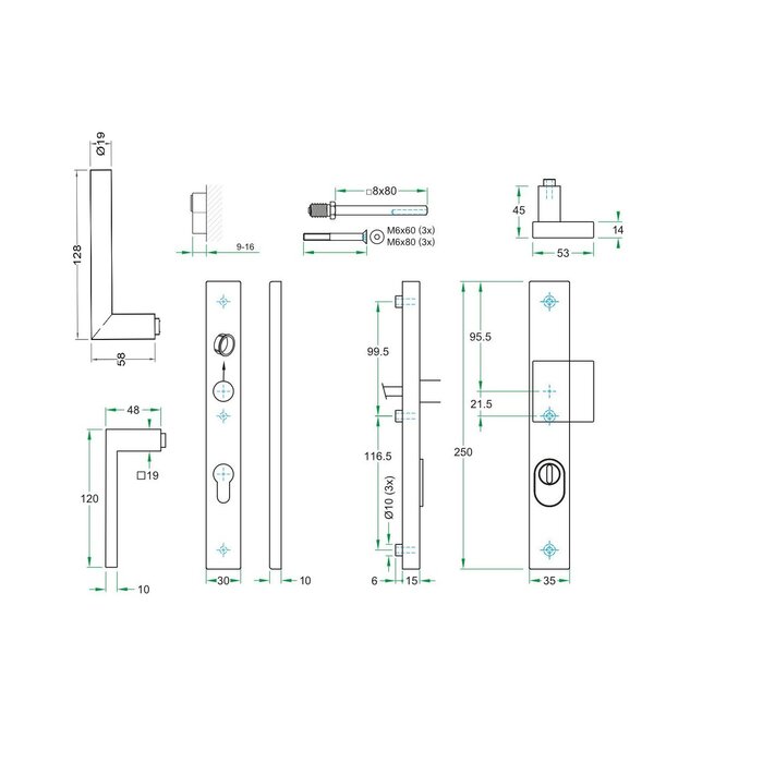 Artitec Ferrure de porte de sécurité noire avec protection anti-arrachement sur bouclier droit Bouton/poignée de porte SKG*** - PC 92 mm
