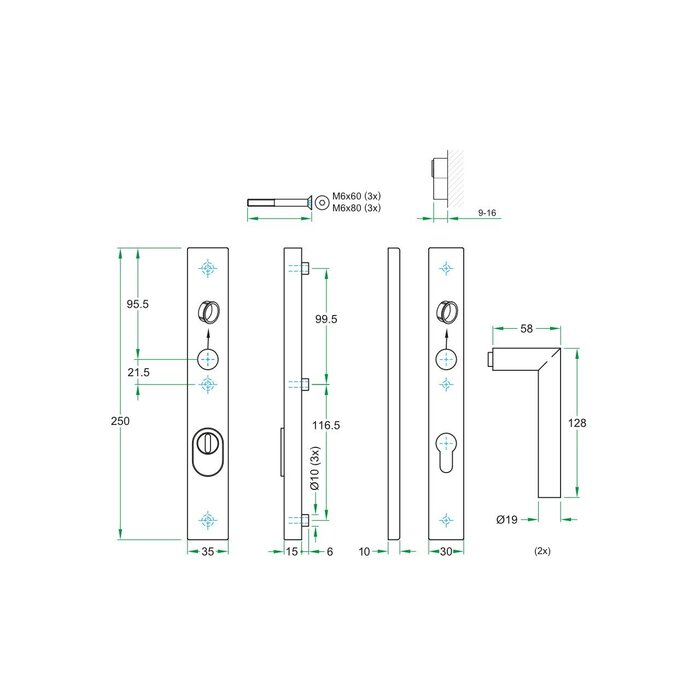 Artitec Black security door fitting with core pull protection on straight shield SKG*** 2 x door handle - PC 72 mm