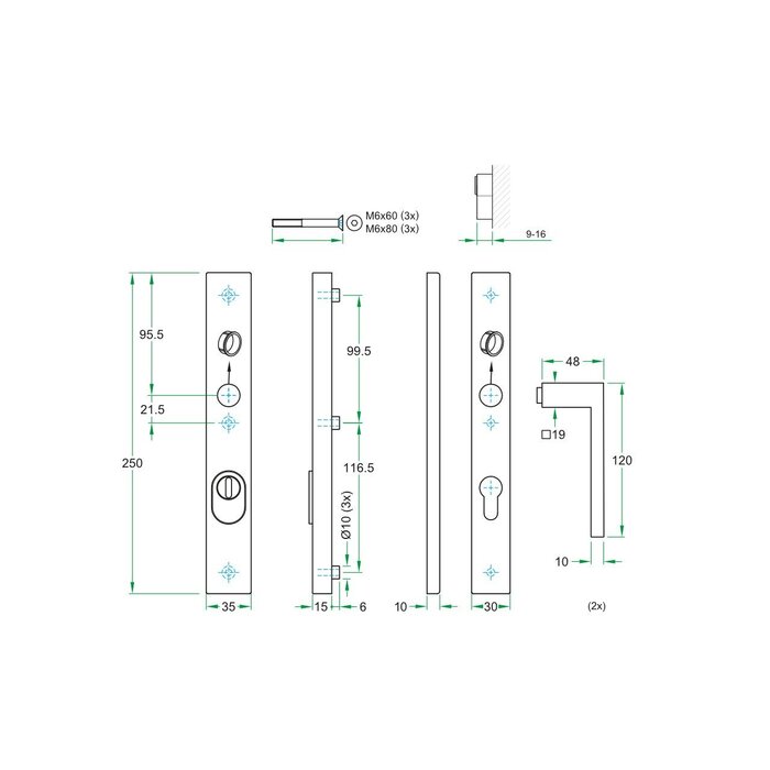 Artitec Black security door fitting with core pull protection on straight shield SKG*** 2 x door handle - PC 92 mm