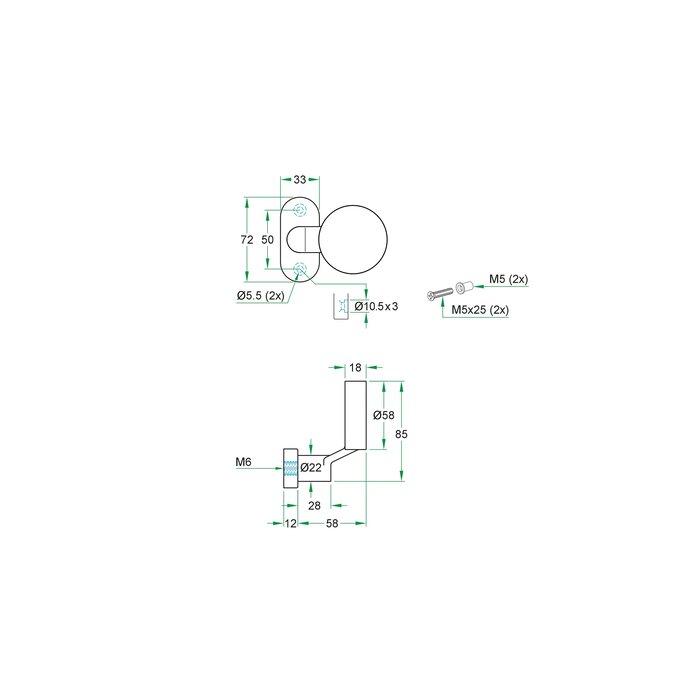 Artitec Fester flacher schwarzer Türknauf auf ovaler Rosette – schräg