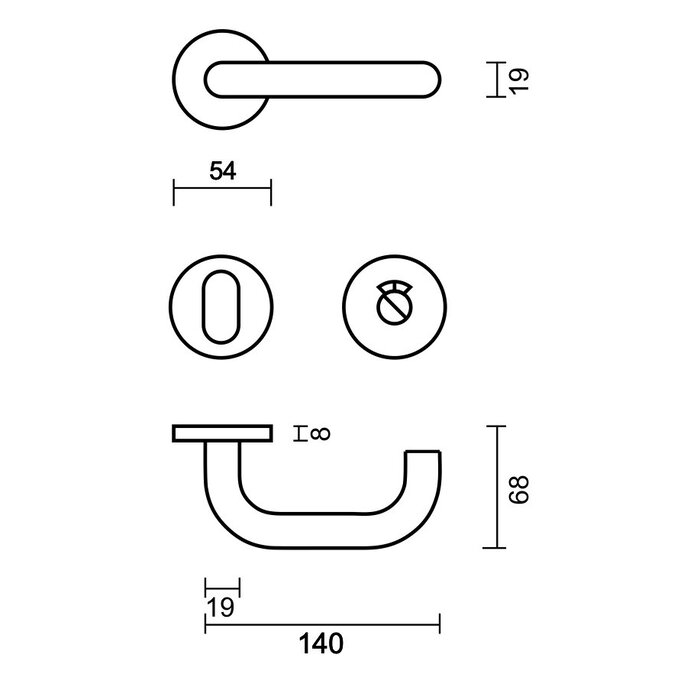 HDD Stainless steel door handles "Zero U shape" 19 mm