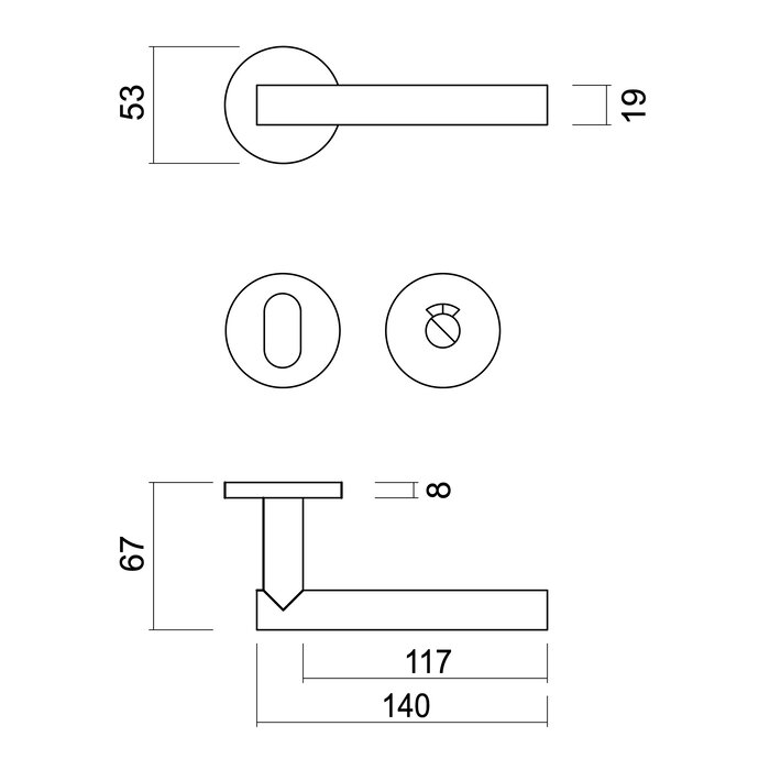 HDD Deurklinken "T shape 19mm" RVS plus ook voor buiten