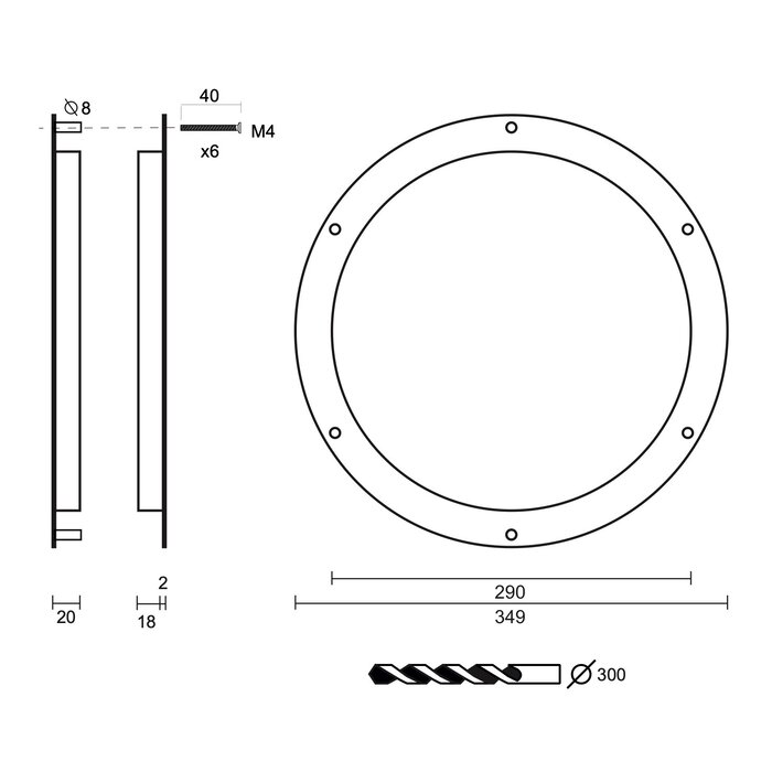 HDD Round porthole 290 mm with patent screws - black - total width 350 mm