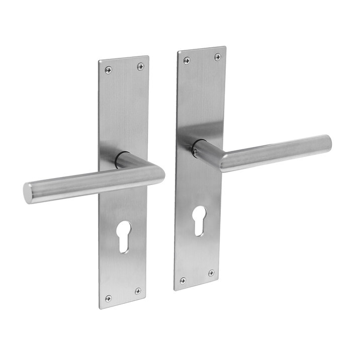 Intersteel Intersteel-Türgriffe „Jura“ auf einem rechteckigen Schild aus gebürstetem Edelstahl