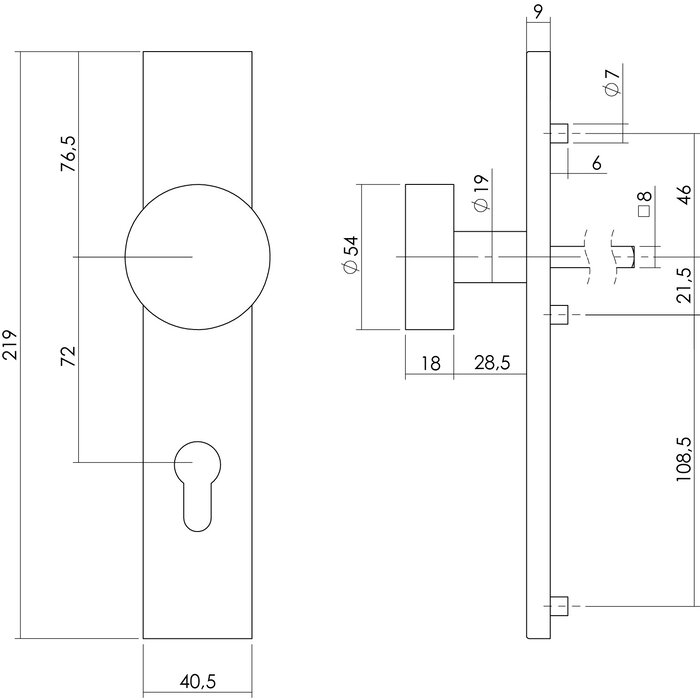 Intersteel Intersteel knob on rectangular shield brushed stainless steel