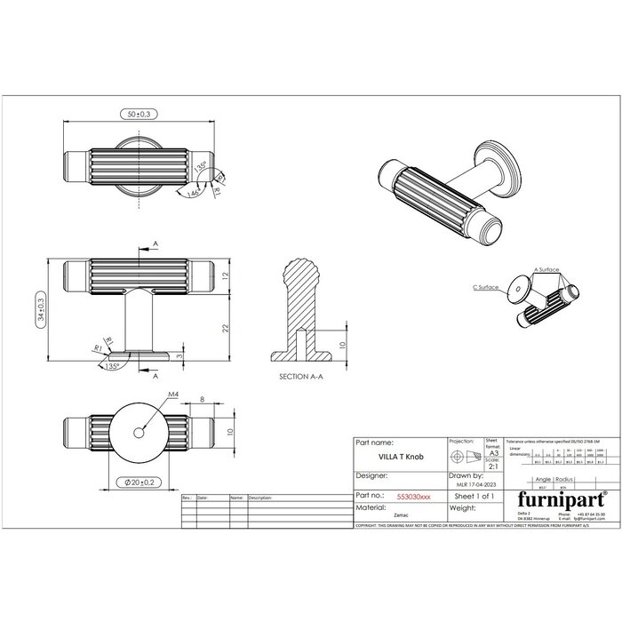Furnipart Bouton de meuble Furnipart 'VILLA' T - bronze à canon