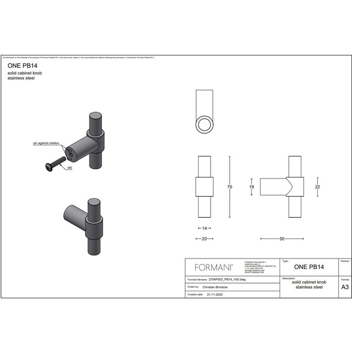 Formani ONE PB9/PB14 furniture knobs from Formani - Light bronze PVD