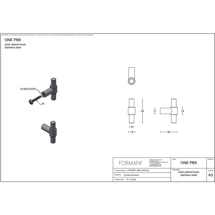 Formani ONE PB9/PB14 furniture knobs from Formani - Stainless steel