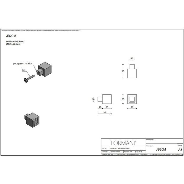 Formani Massiver Möbelknopf SQUARE JB20M – glänzender Edelstahl