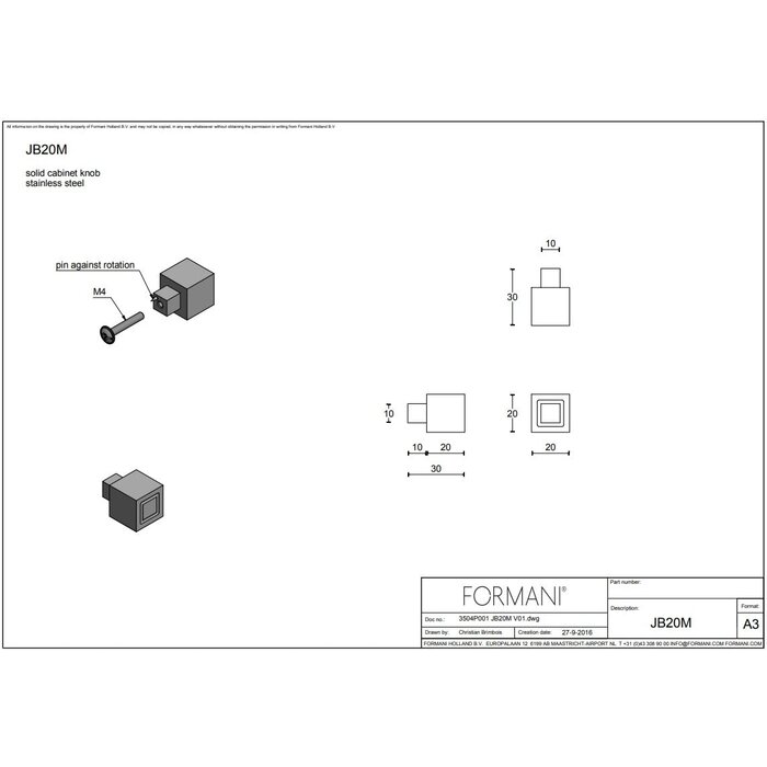 Formani SQUARE JB20M massiver Möbelknopf – mattschwarz