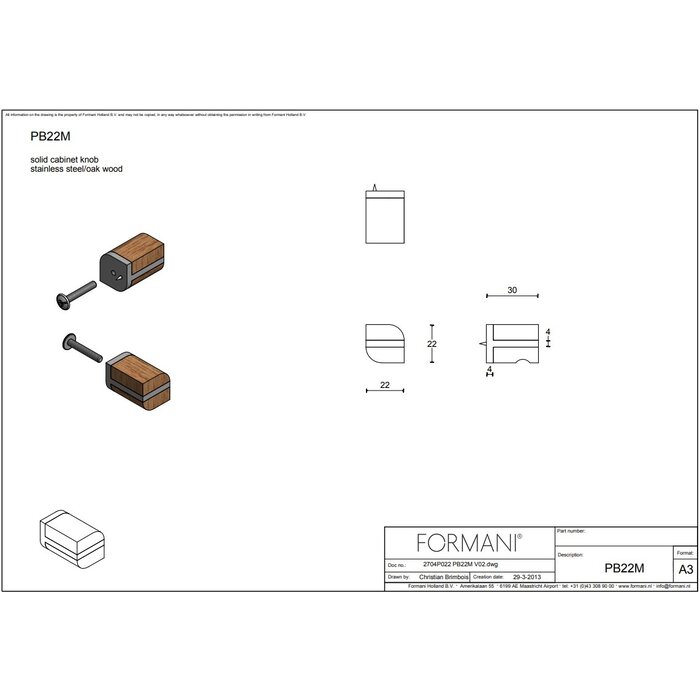 Formani TWO PB22M meubelknop van Formani - RVS/ eikenhout naturel