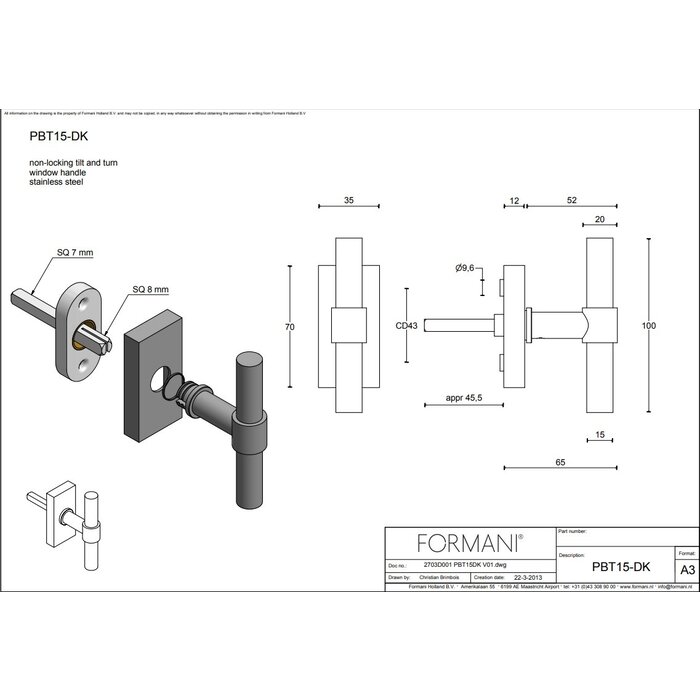 Formani Window handle Piet Boon ONE PBT15-DK Light bronze PVD - non-lockable