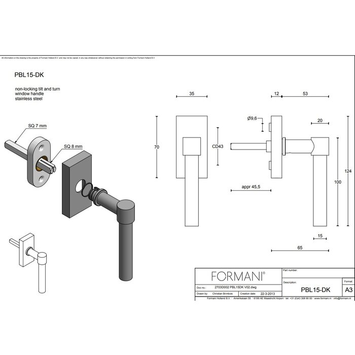 Formani Poignée de fenêtre Piet Boon ONE PBL15-DK Bronze clair PVD - non verrouillable