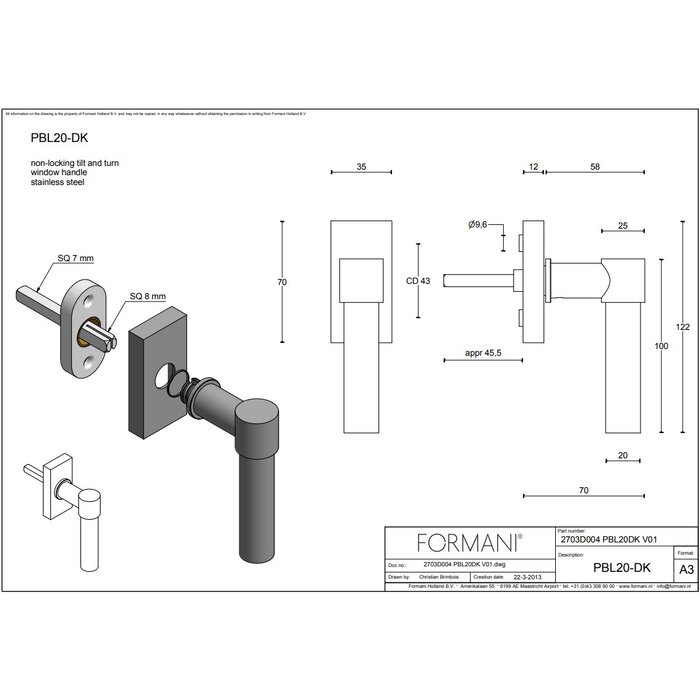 Formani Fenstergriff Piet Boon ONE PBL 20-DK Hellbronze PVD – nicht abschließbar