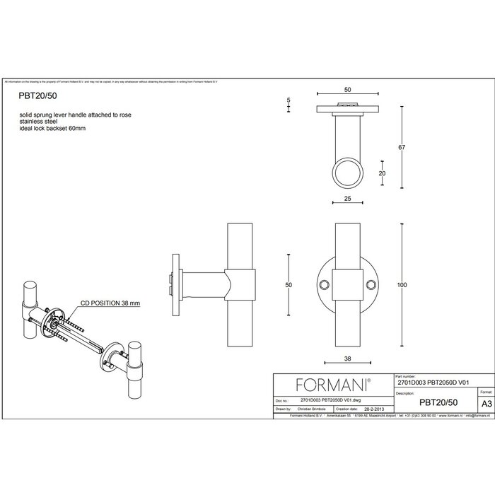 Formani Massieve deurklinken Piet Boon ONE PBT 20/50  - Licht brons PVD