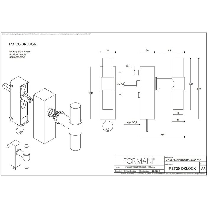Formani  Window handle Piet Boon ONE PBT20-DKLOCK - Bronze - lockable