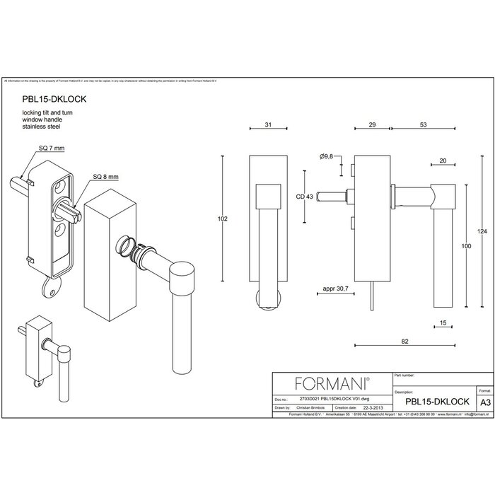Formani  Fenstergriff Piet Boon ONE PBL15-DKLOCK – Hellbronze PVD – abschließbar