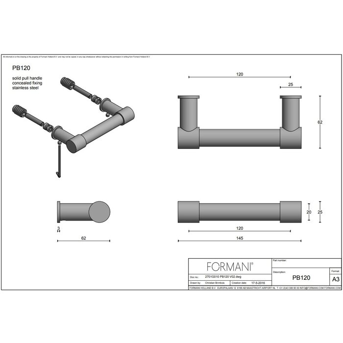 Formani Poignée de fenêtre pleine Formani Piet Boon ONE PB120 - Acier inoxydable mat