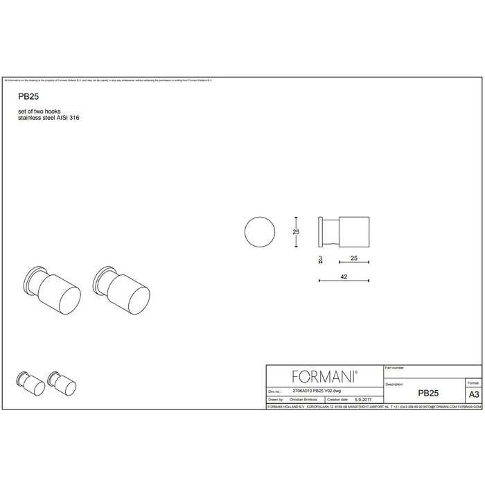 Formani Formani paar van 2 haken Piet Boon ONE PB25 - RVS
