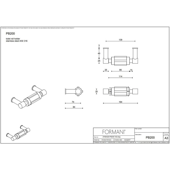 Formani Formani toilet roll holder Piet Boon ONE PB200 - Stainless steel
