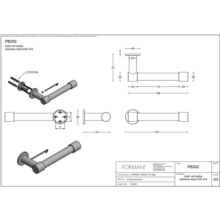 Formani Formani toilet roll holder Piet Boon ONE PB202 - Stainless steel