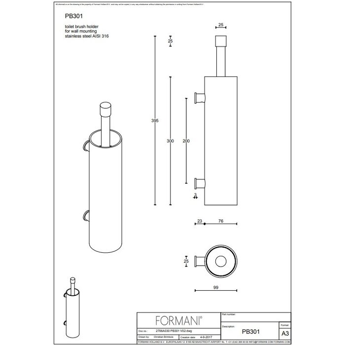 Formani Formani toiletborstel wandbevestiging Piet Boon ONE PB301 - Zwart