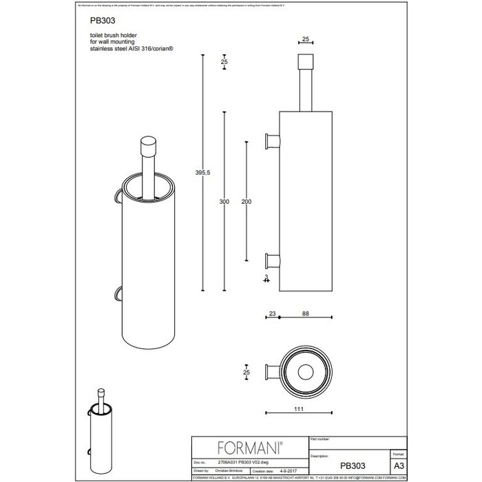 Formani Formani toiletborstel wandbevestiging Piet Boon ONE PB303 - RVS / Wit Corian