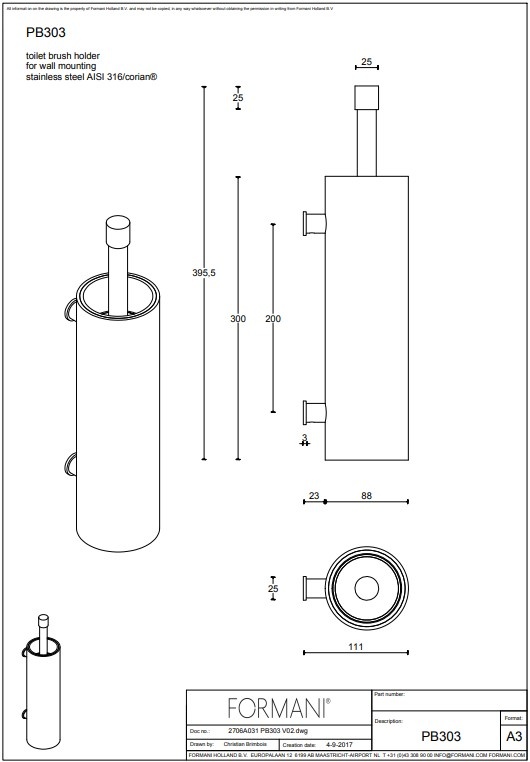 Formani Formani Toilettenbürste Wandmontage Piet Boon ONE PB303 – Edelstahl / Weißes Corian