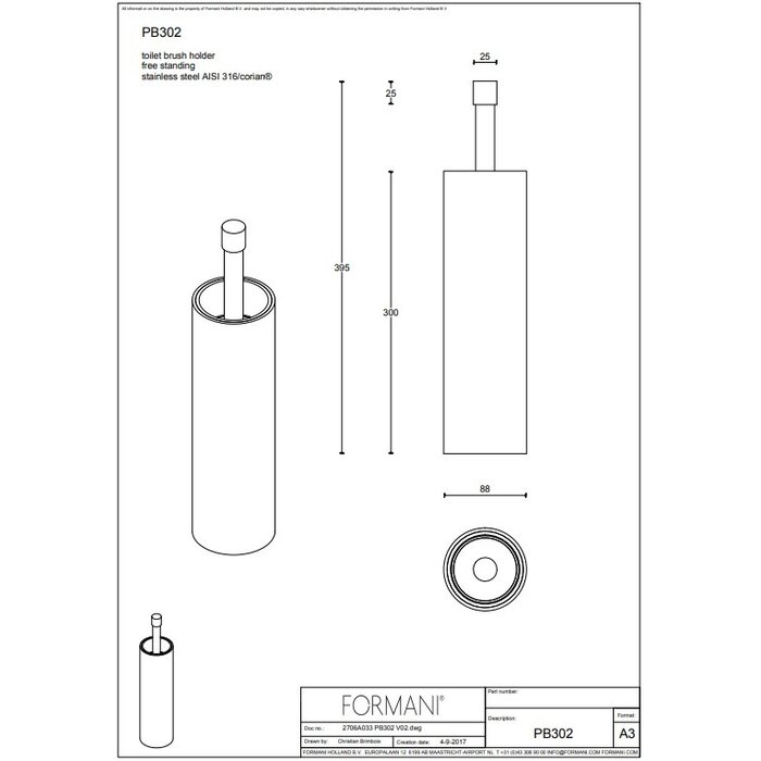 Formani Formani staande toiletborstel Piet Boon ONE PB302 - RVS / Wit Corian