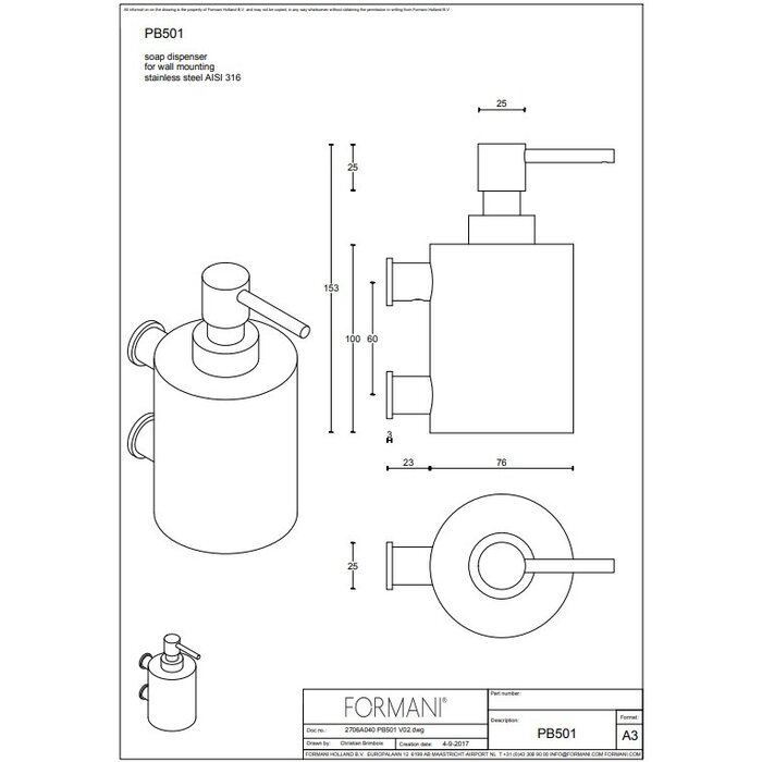 Formani Support mural pour distributeur de savon Formani Piet Boon ONE PB501 - Noir