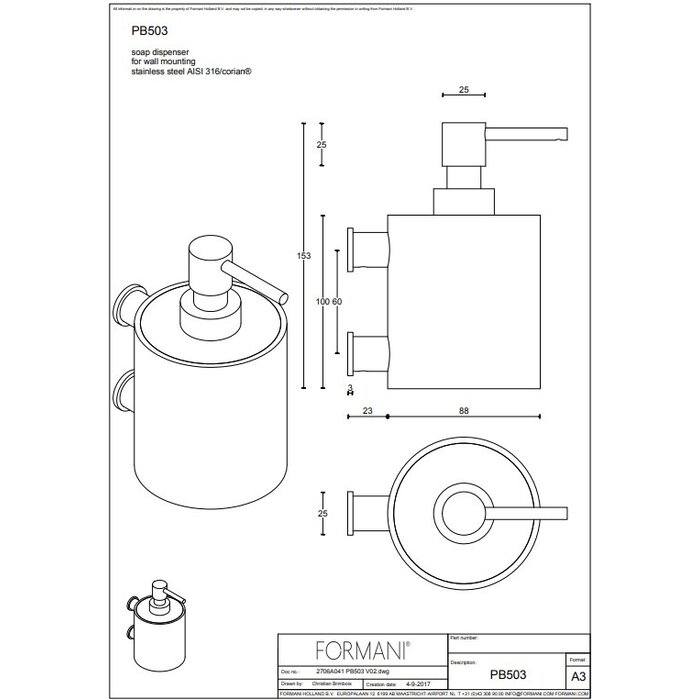 Formani Formani distributeur de savon mural Piet Boon ONE PB503 - Acier inoxydable / Corian blanc