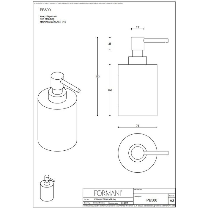 Formani Formani Standseifenspender Piet Boon ONE PB500 – Edelstahl