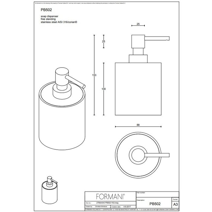 Formani Distributeur de savon sur pied Formani Piet Boon ONE PB502 - Acier inoxydable/ Corian blanc