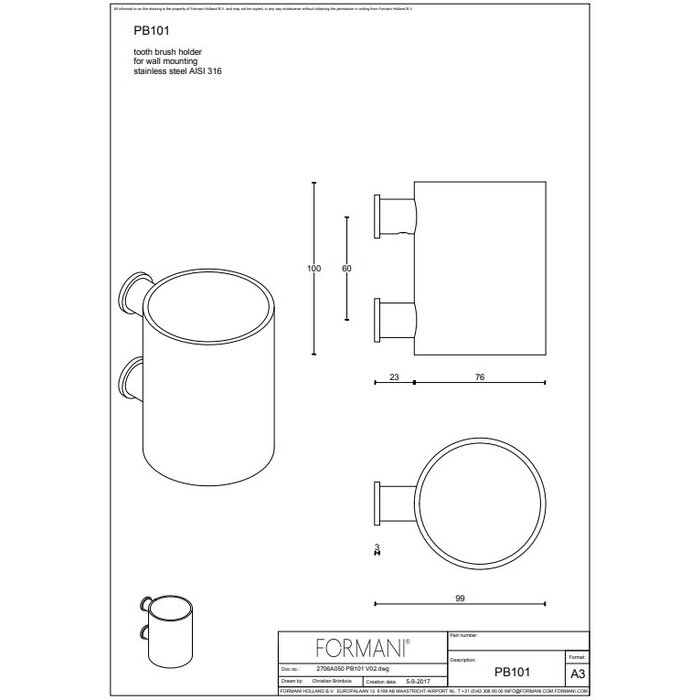 Formani Formani tandenborstelhouder wandbevestiging Piet Boon ONE PB101 - RVS