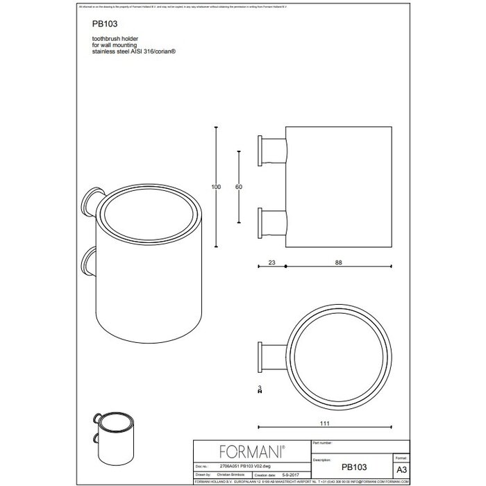 Formani Formani porte-brosse à dents support mural Piet Boon ONE PB103 - Acier inoxydable / Corian blanc