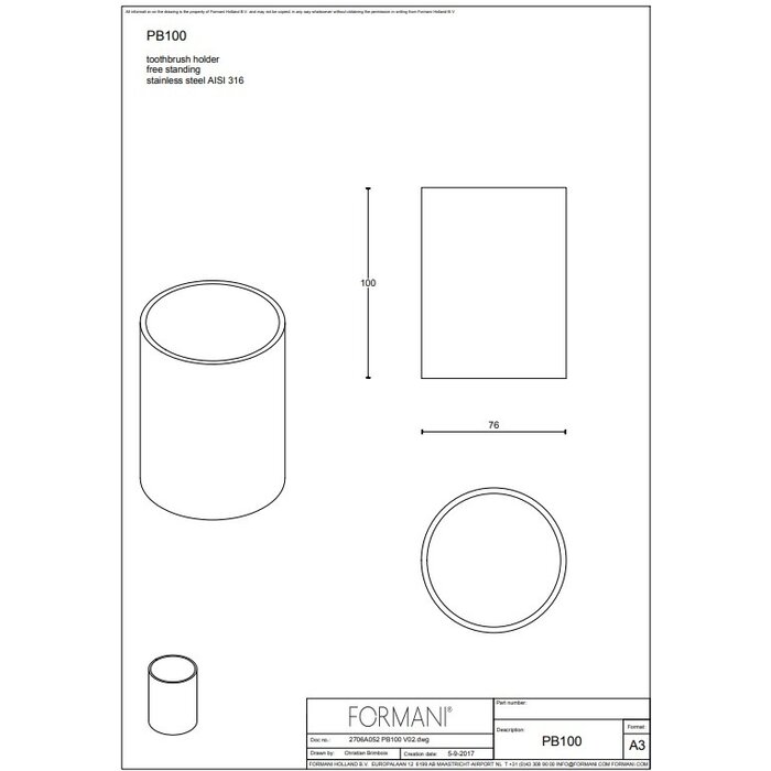 Formani Porte-brosse à dents sur pied Formani Piet Boon ONE PB100 - Acier inoxydable