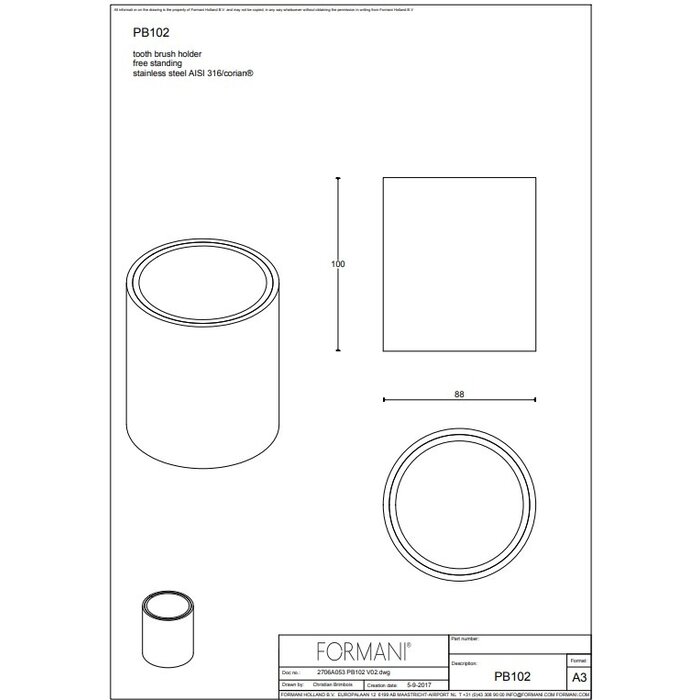 Formani Formani staande tandenborstelhouder Piet Boon ONE PB102 - RVS/ Wit Corian