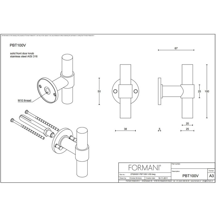 Formani Formani massieve vaste voordeurknop Piet Boon ONE PBT100V - Mat zwart