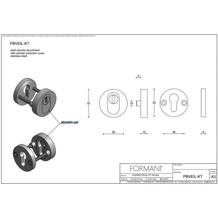 Formani Rosace de cylindre de sécurité Formani ONE PBVEIL-KT SKG*** massif - bronze clair PVD