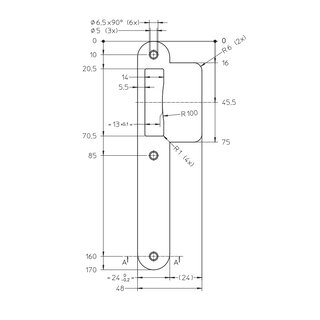 Assa Abloy Gâche arrondie PA081 à lèvre longue - 170 x 24 x 1mm - 48mm - série E6 - E1 - D5 - D6