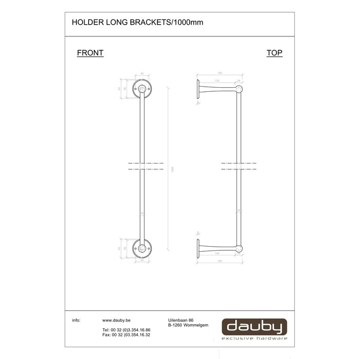 Dauby Support Dauby avec 2 supports d'extrémité longs - métal brut (RM) 1000mm