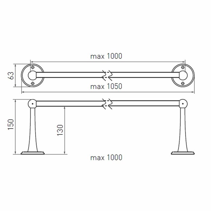 Dauby Support Dauby avec 2 supports d'extrémité longs carrés - bronze brut poli (RBP) 1000 mm