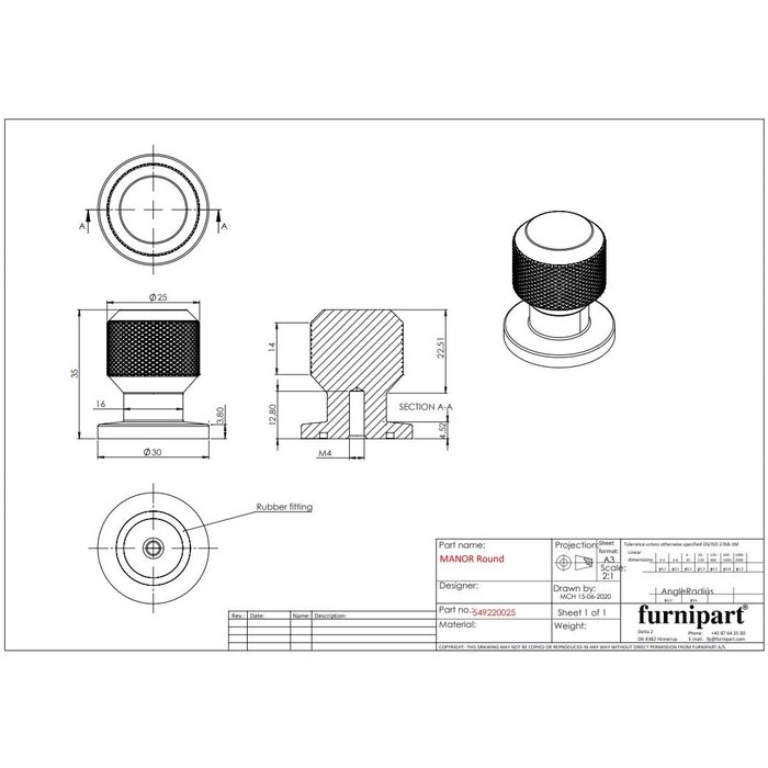 Furnipart Furnipart Bouton de meuble MANOR coupe transversale Ø 25 mm - Aspect inox