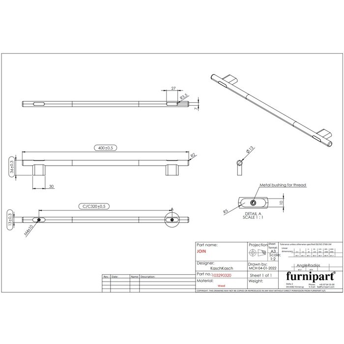Furnipart  Furnipart furniture handle JOIN axle distance made of varnished oak