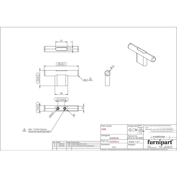 Furnipart  Furnipart-Möbelknopf JOIN 80 mm aus lackierter Eiche